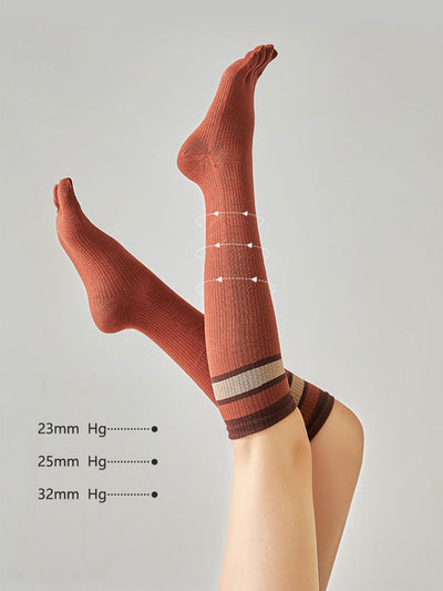 Premium-"3 Pairs"-Women's Long Knee Compression Five-toe Socks Organic Cotton in Mix Solid Color