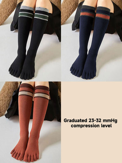 Premium-"3 Pairs"-Women's Long Knee Compression Five-toe Socks Organic Cotton in Mix Solid Color