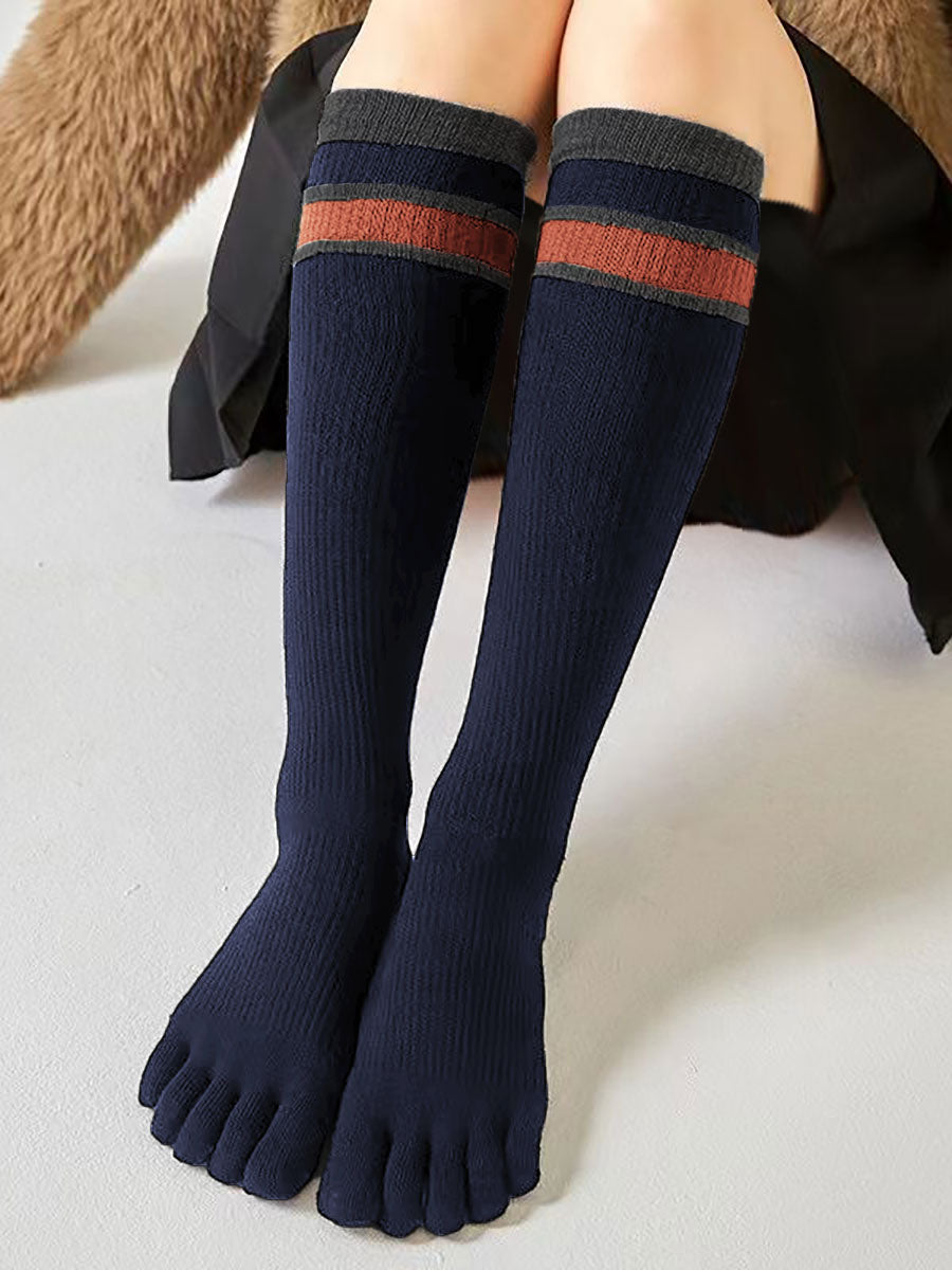 Premium-"3 Pairs"-Women's Long Knee Compression Five-toe Socks Organic Cotton in Mix Solid Color