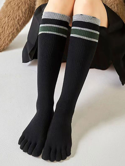 Premium-"3 Pairs"-Women's Long Knee Compression Five-toe Socks Organic Cotton in Mix Solid Color