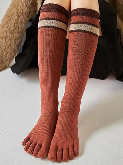 Premium-"3 Pairs"-Women's Long Knee Compression Five-toe Socks Organic Cotton in Mix Solid Color
