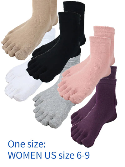 6 pack-Women's five finger cotton toe socks in solid color