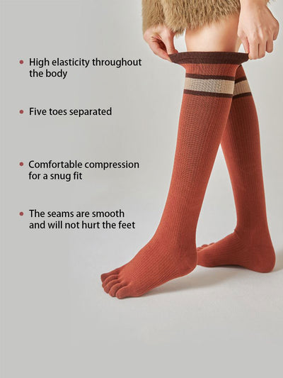 Premium-"3 Pairs"-Women's Long Knee Compression Five-toe Socks Organic Cotton in Mix Solid Color