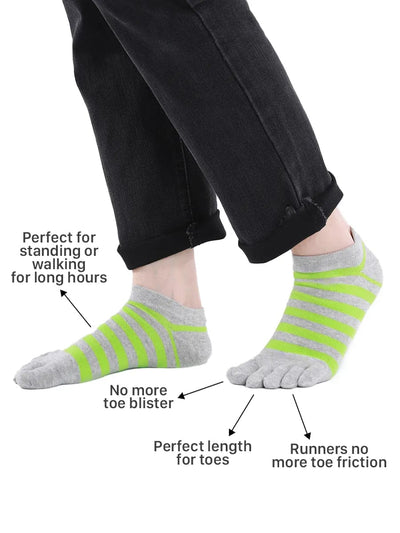 Colorful striped Cotton men's Low Cut Five Finger Toe Socks, grey-green
