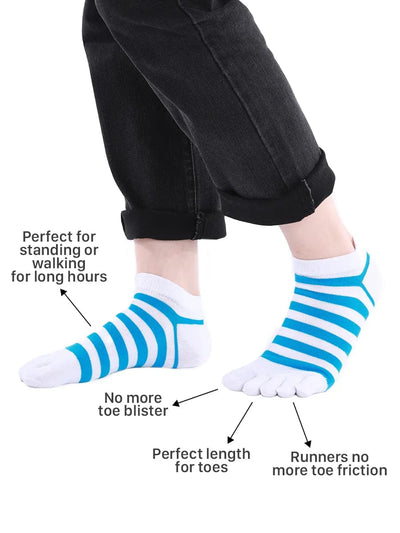 Colorful striped Cotton men's Low Cut Five Finger Toe Socks, white-blue