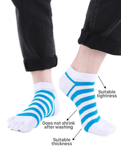 Colorful striped Cotton men's Low Cut Five Finger Toe Socks, white-blue