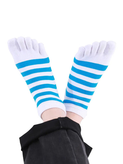 Colorful striped Cotton men's Low Cut Five Finger Toe Socks, white-blue