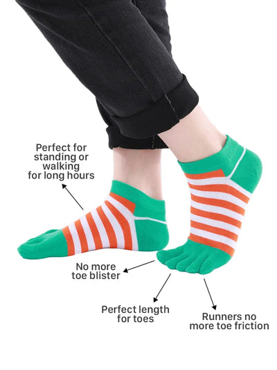 Colorful striped Cotton men's Low Cut Five Finger Toe Socks, green