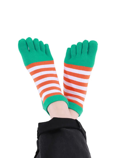 Colorful striped Cotton men's Low Cut Five Finger Socks, green