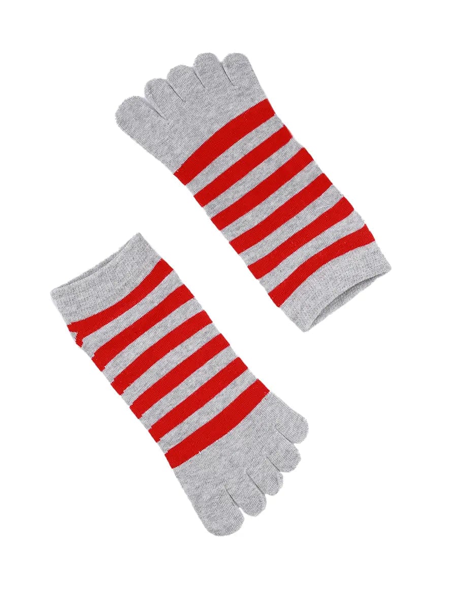 Colorful striped Cotton men's Low Cut Five Finger Socks, grey-red