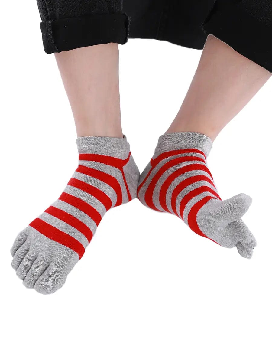 Colorful striped Cotton men's Low Cut Five Finger Socks, grey-red