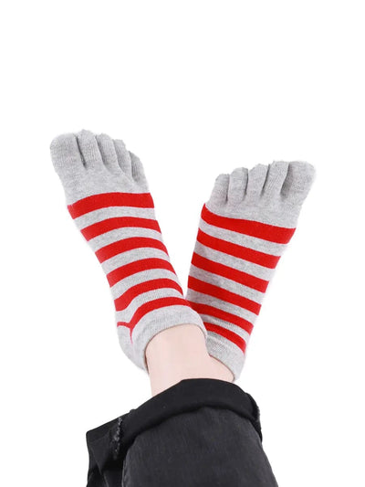 Colorful striped Cotton men's Low Cut Five Finger Toe Socks, grey-red