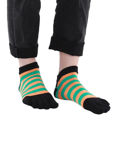 Colorful striped Cotton men's Low Cut Five Finger Socks, black