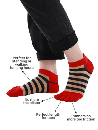 Colorful striped Cotton men's Low Cut Five Finger Toe Socks, red