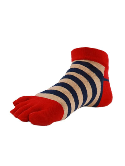 Colorful striped Cotton men's Low Cut Five Finger Toe Socks, red