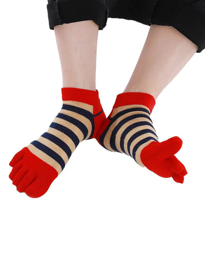 Colorful striped Cotton men's Low Cut Five Finger Toe Socks, red