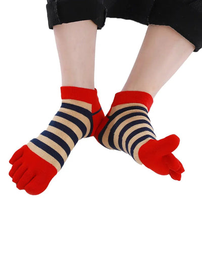 Colorful striped Cotton men's Low Cut Five Finger Socks, red