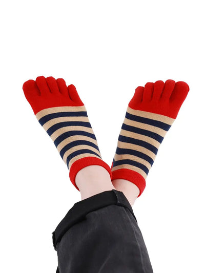 Colorful striped Cotton men's Low Cut Five Finger Toe Socks, red