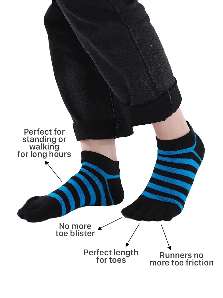 Colorful striped Cotton men's Low Cut Five Finger Toe Socks, black-blue