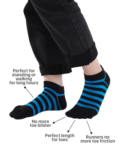 Colorful striped Cotton men's Low Cut Five Finger Toe Socks, black-blue