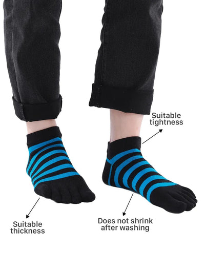 Colorful striped Cotton men's Low Cut Five Finger Toe Socks, black-blue