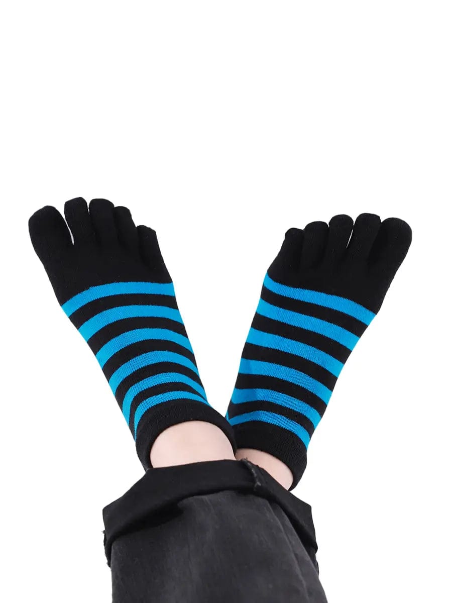 Colorful striped Cotton men's Low Cut Five Finger Toe Socks, black-blue