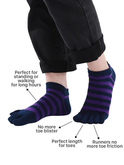 Colorful striped Cotton men's Low Cut Five Finger Toe Socks, blue-purple