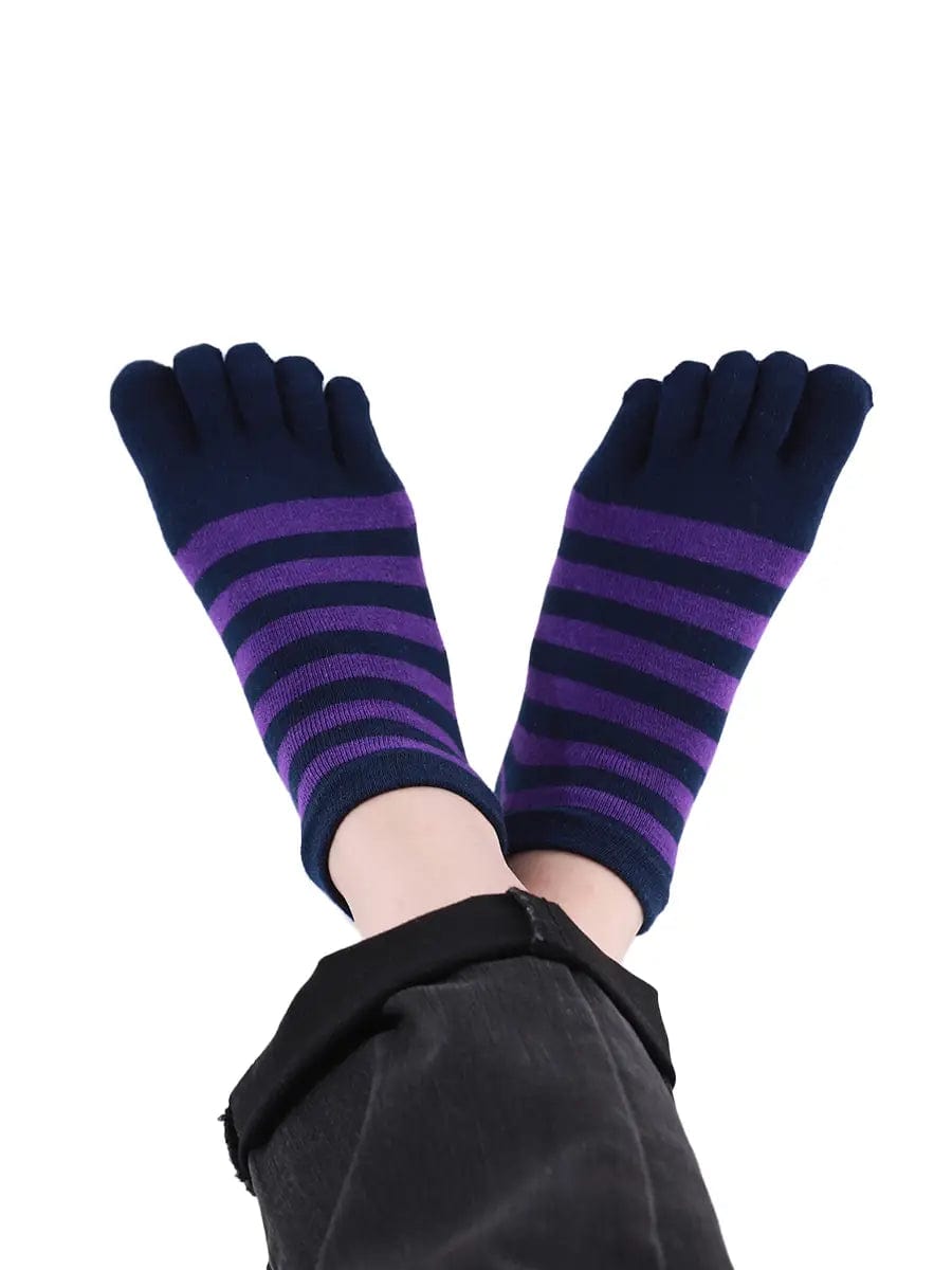 Colorful striped Cotton men's Low Cut Five Finger Toe Socks, blue-purple