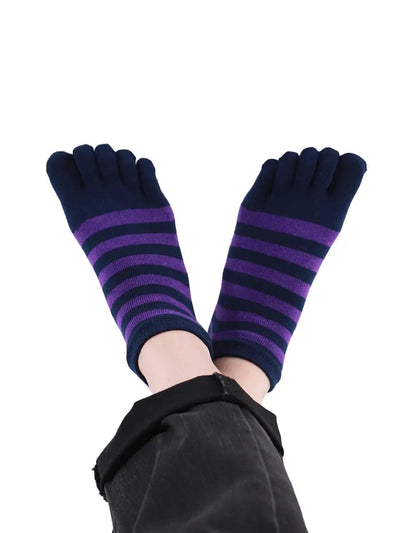 Colorful striped Cotton men's Low Cut Five Finger Toe Socks, blue-purple