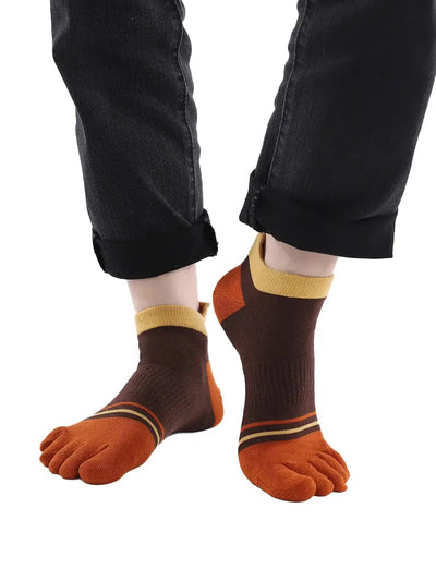 men's mix color five finger cotton socks, brown & orange