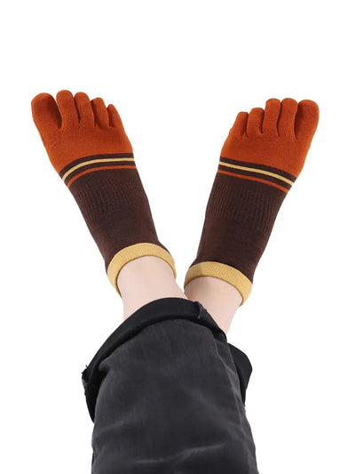 men's mix color five finger cotton socks, brown & orange