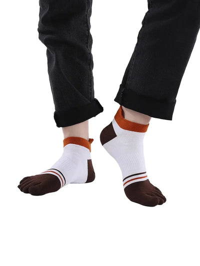 men's mix color five finger cotton toe socks, brown & white