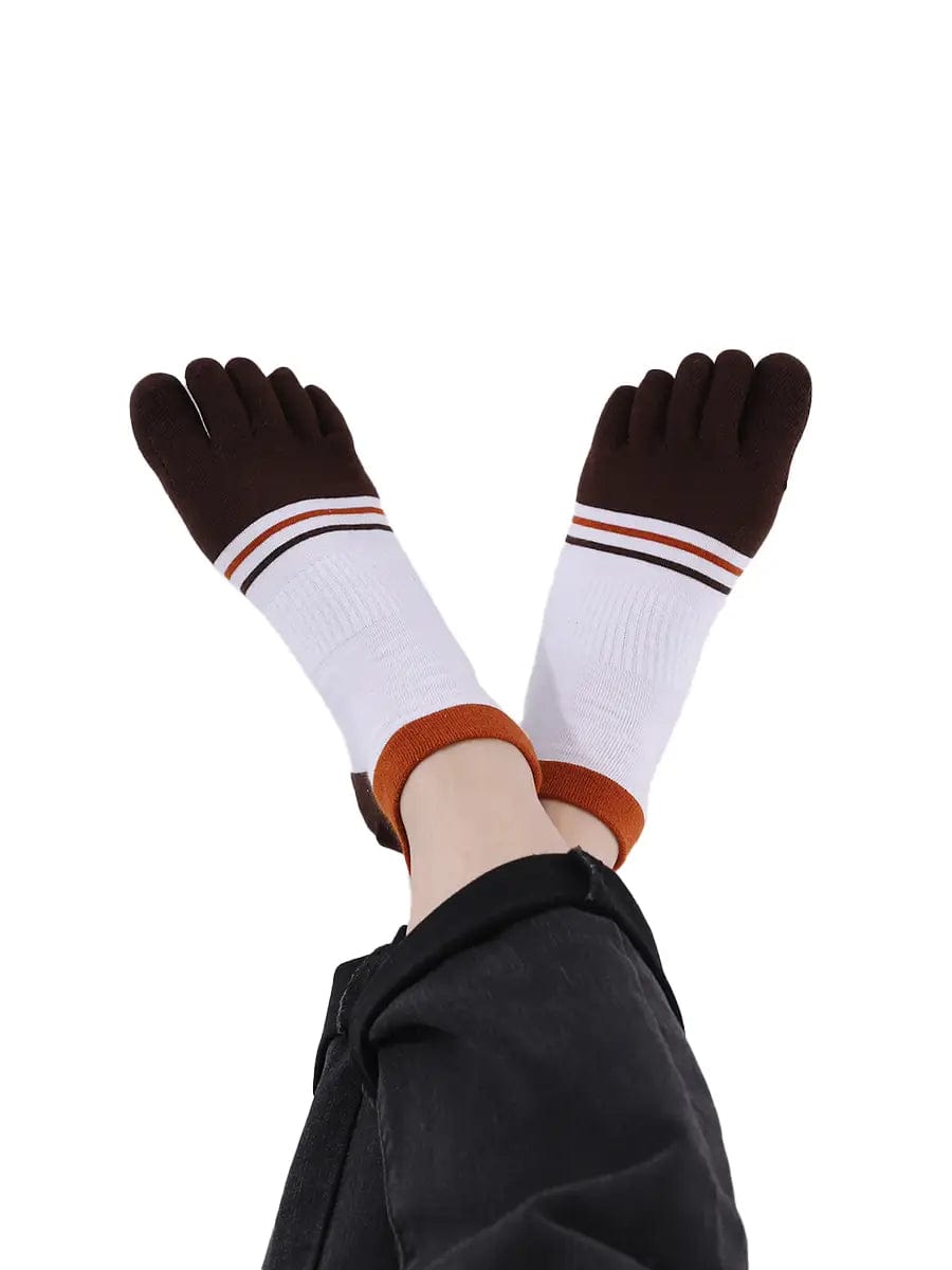 men's mix color five finger cotton toe socks, brown & white