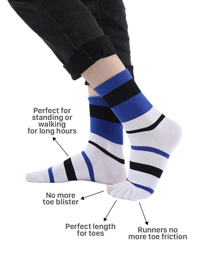 men's Tricolor Striped five finger Toe Socks, white & blue