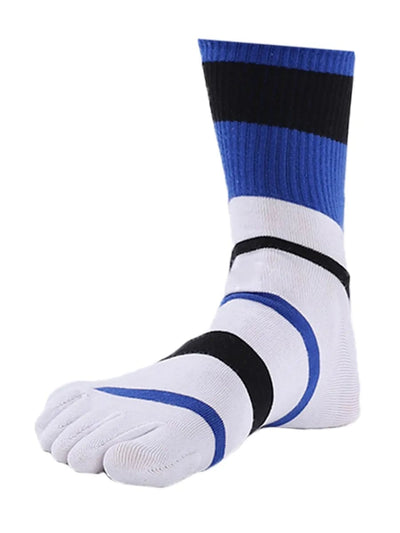 men's Tricolor Striped five finger Toe Socks, white & blue