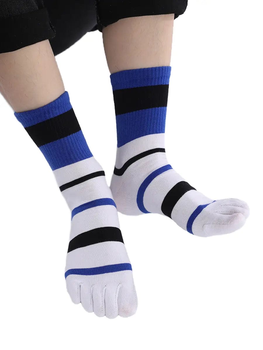 men's Tricolor Striped five finger Toe Socks, white & blue