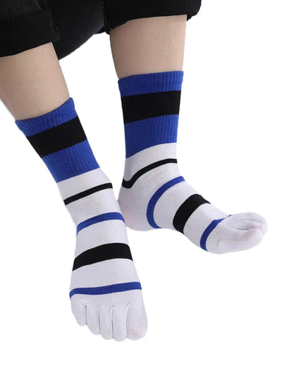 men's Tricolor Striped five finger Toe Socks, white & blue