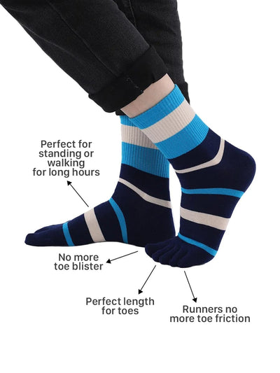 men's Tricolor Striped five finger Toe Socks, beige & blue