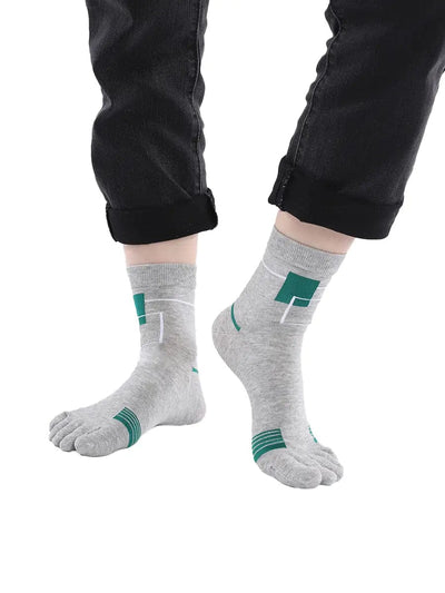 men's five finger cotton socks green square pattern