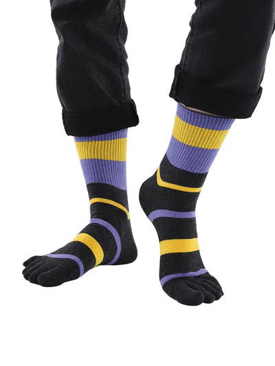 men's Tricolor Striped five finger Toe Socks, purple & black