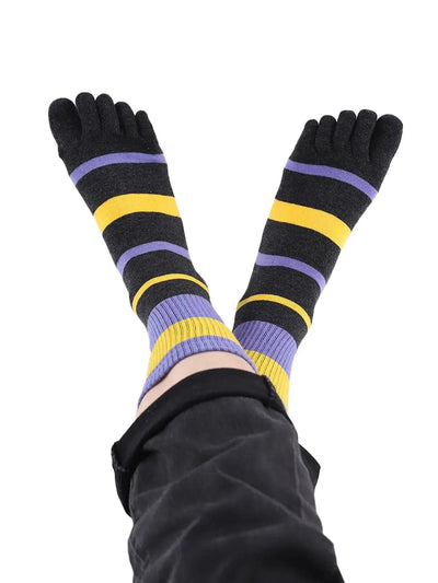 men's Tricolor Striped five finger Toe Socks, purple & black