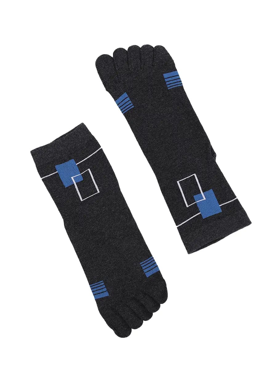 men's five finger cotton socks blue square pattern