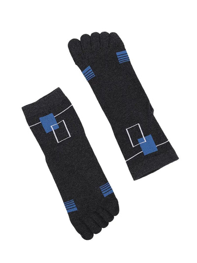 men's five finger cotton socks blue square pattern