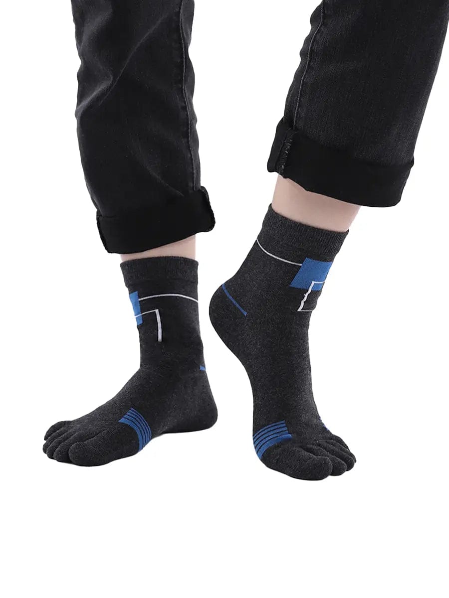 men's five finger cotton socks blue square pattern