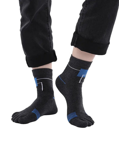 men's five finger cotton socks blue square pattern