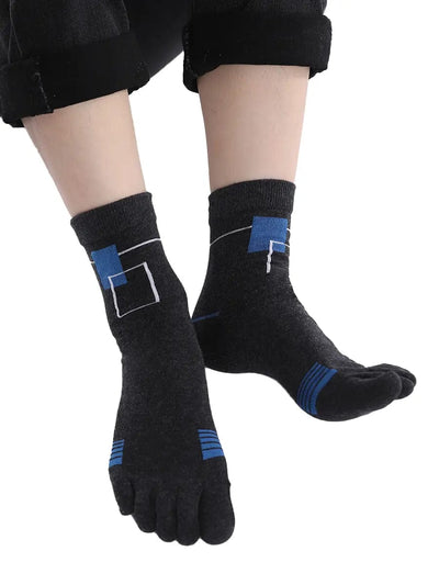 men's five finger cotton socks blue square pattern