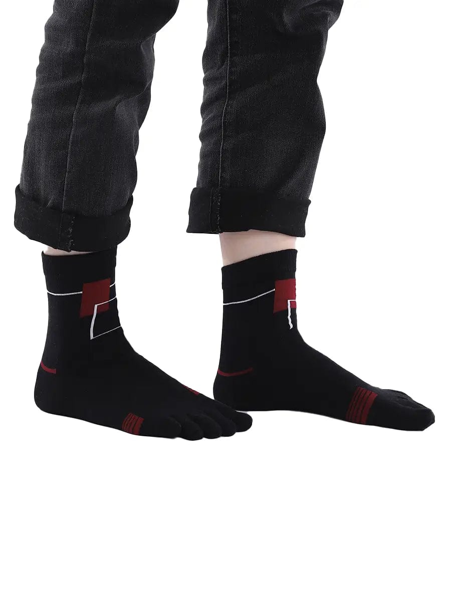 men's five finger cotton socks red square pattern