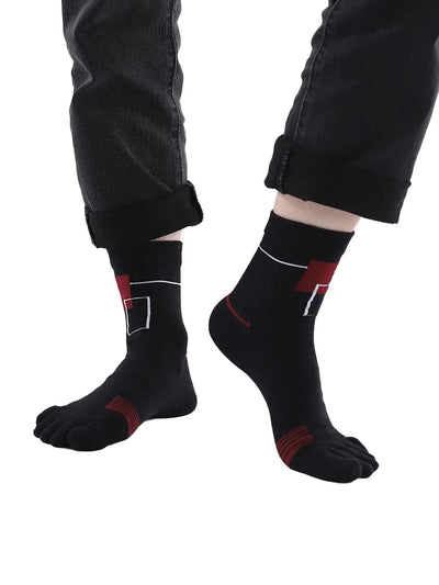 men's five finger cotton socks red square pattern