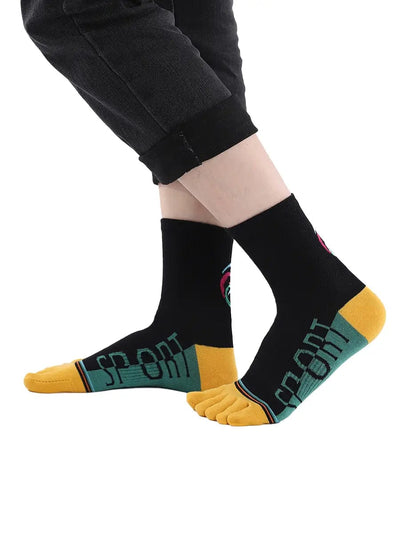 men's five finger cotton socks cartoon pattern, yellow