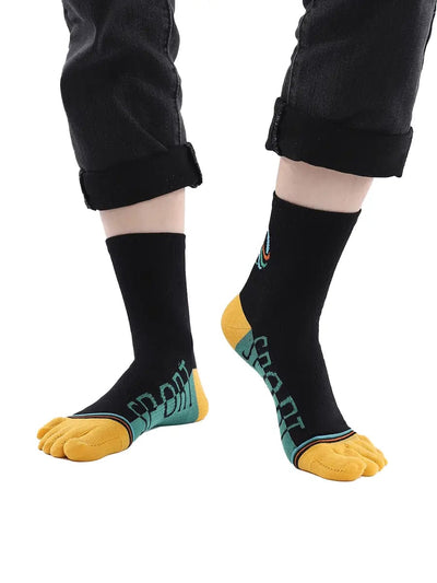 men's five finger cotton socks cartoon pattern, yellow
